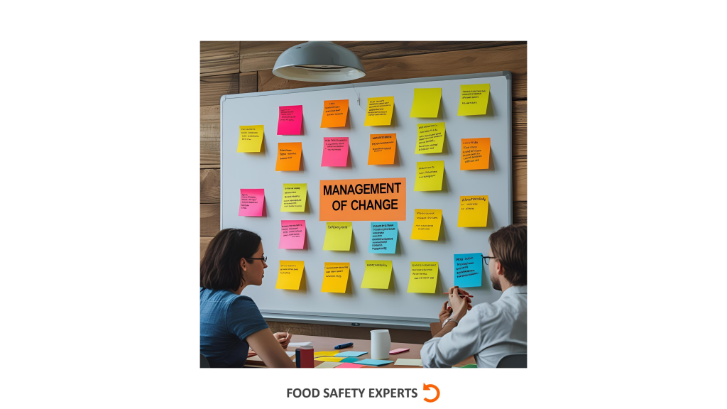 Two professionals at a whiteboard filled with colorful sticky notes labeled "Management of Change" during a team workshop session