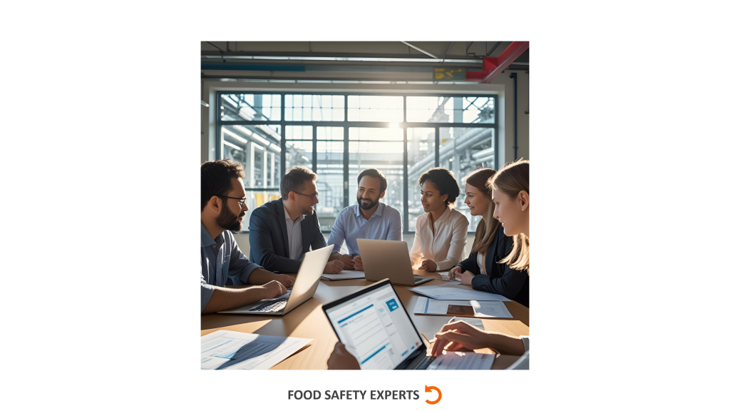 Diverse team discussing a Management of Change process around a table in a modern food production facility