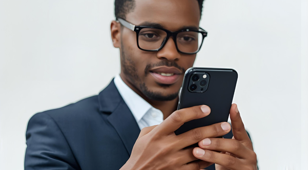 Man in business attire using smartphone to follow online training