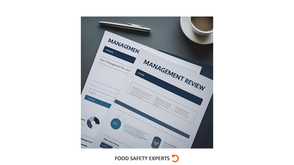 Printed Management Review reports with charts and summaries on a desk beside a pen and coffee cup