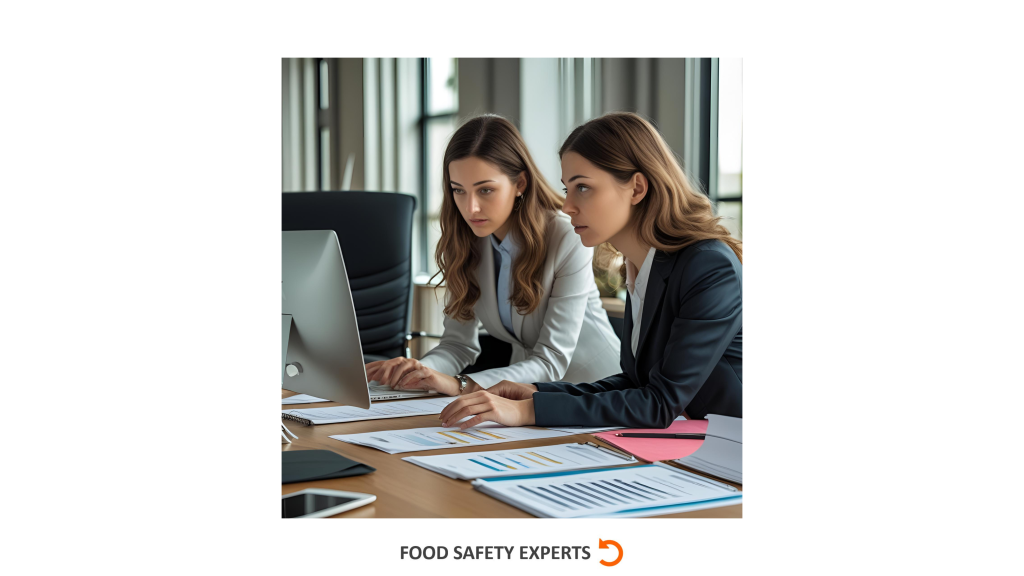 Two women reviewing management system data on a computer with printed reports during a food industry audit preparation