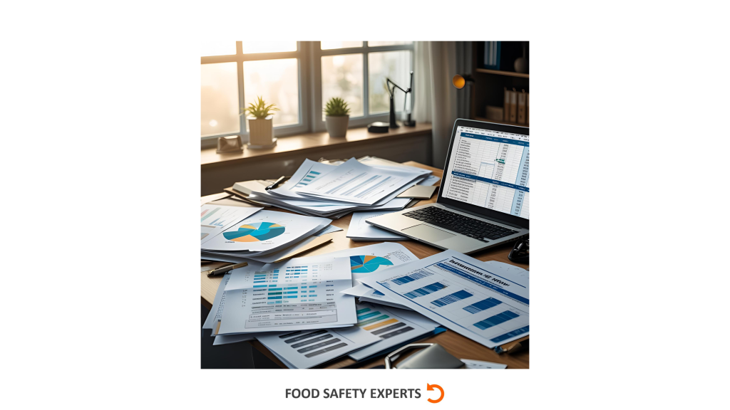 Desk filled with printed charts, management review reports, and a laptop showing performance data during food safety system evaluation