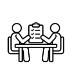 Bold black-line icon of two people sitting at a table with a checklist clipboard, symbolizing a management review discussion.