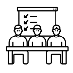 Black-and-white icon of people at a meeting table with a checklist board, representing management review in food safety training.