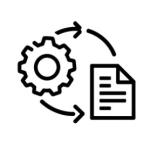 Black-and-white icon of gear linked by a circular arrow with a document, symbolizing management of change in food safety training.