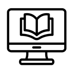 Black and white icon of a computer monitor with an open book, symbolizing structured online mastery module training in food safety.