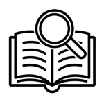 Mastery Modules – In-Depth Food Safety Training Minimal black and white line icon of an open book with a magnifying glass on top, symbolizing deep-dive learning and expertise.