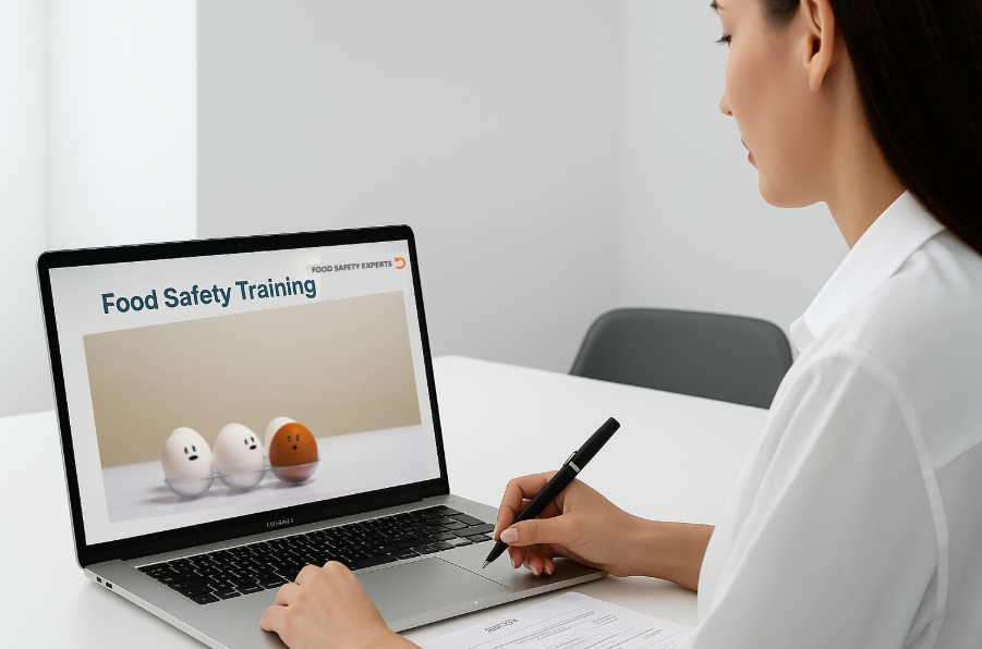 Woman studying food safety training on a laptop showing eggs with contamination symbols