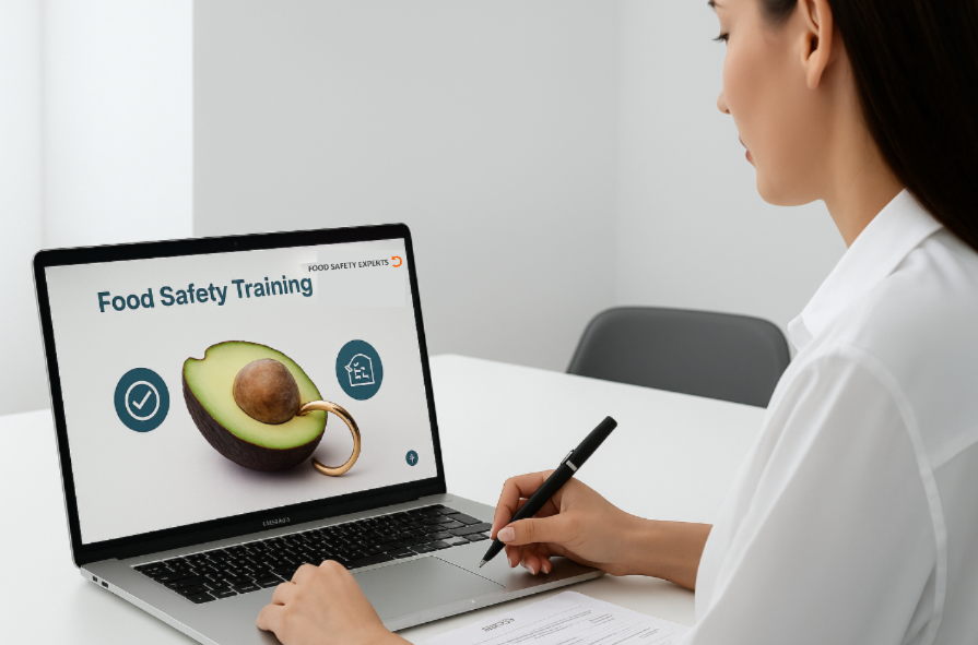 QA professional attending an online food safety training on a laptop, screen showing Food Safety Experts logo and avocado with metal ring.