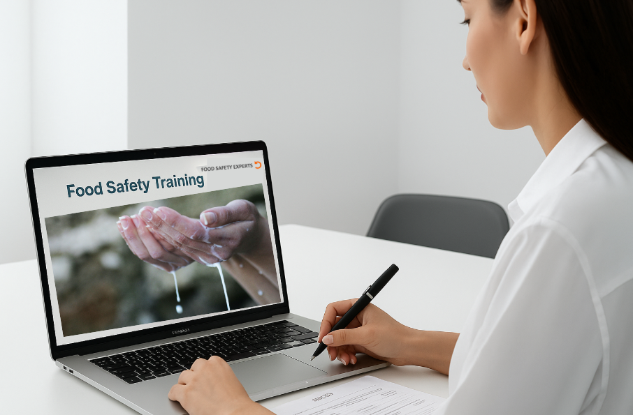 Professional woman watching an online food safety training about hand hygiene on her laptop