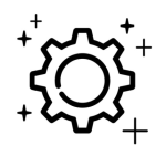 Minimal black line icon of a gear with sparkles on a white background, symbolizing operational excellence and efficiency.