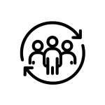 Bold black-line icon of three people within a circular arrow loop, representing organizational change, adaptability, and continuous improvement.