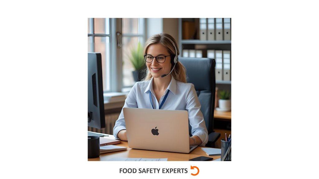Smiling female professional wearing a headset, working on a laptop at her office desk, with files and shelves in the background — representing expert online food safety training support.