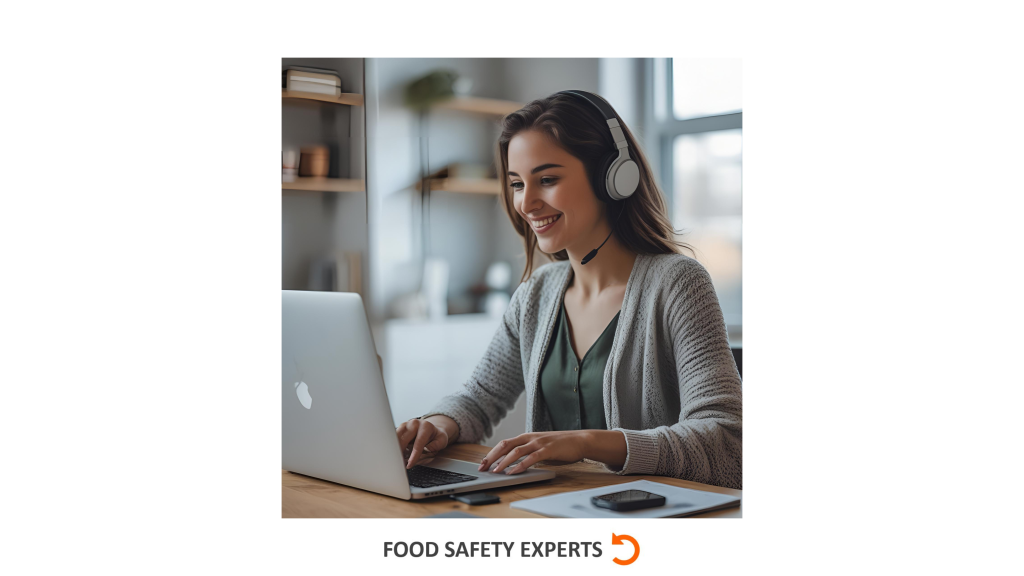 Woman participating in an online food safety training session using a laptop and headset.