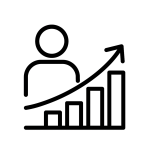Bold black-line icon of a person next to a rising bar chart with an upward arrow, representing performance growth and goal achievement.