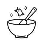 Line icon of a bowl with spoon and bacteria symbol, representing product formulation risks