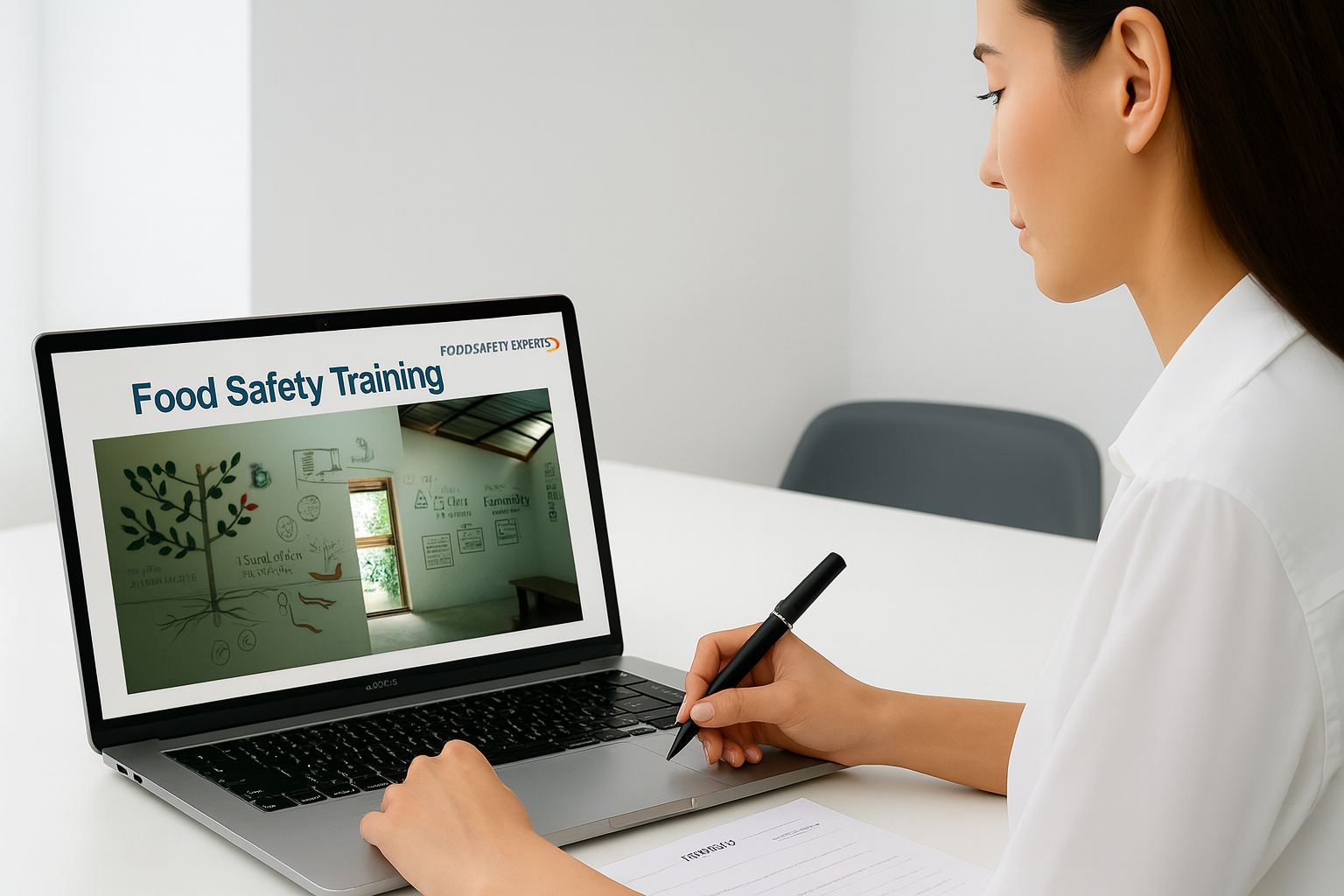 Woman taking notes while following online food safety training on her laptop