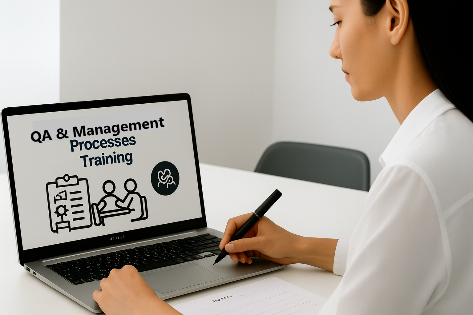 Woman sitting at a desk watching the QA & Management Processes Training on her laptop, taking notes during an online food safety course.