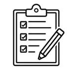 Minimal black and white line icon of a clipboard with checklist and pencil, symbolizing practical food safety resources.