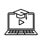 Minimal black and white line icon of a laptop with a graduation cap and play button, symbolizing online training.