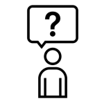 Minimal black and white line icon of a person with a question mark in a speech bubble, symbolizing asking questions anytime.