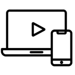 Minimal black and white line icon of a laptop with a play button and a smartphone, symbolizing on-demand online learning.