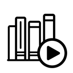 QFS Training Repository – Online Food Safety Training Library Minimal black and white line icon of books on a shelf with a play button, symbolizing an online library of food safety trainings.