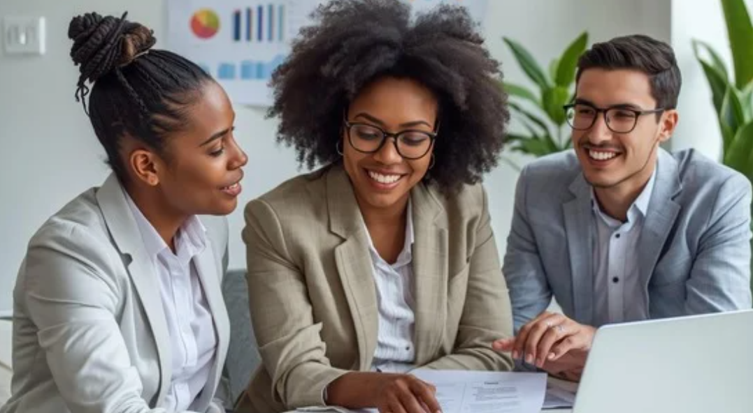 Three diverse QA professionals collaborating on food safety training with laptop and documents in a modern office.