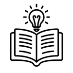 Minimal black and white line icon of an open book with a glowing lightbulb above it, symbolizing shared knowledge and learning.