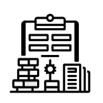 Bold black-line icon of a quality management system with a clipboard, gear, and stacked blocks representing system structure.