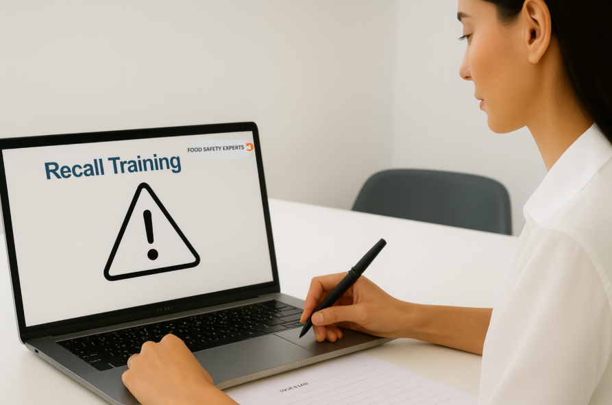 Woman following online recall training on laptop with Food Safety Experts recall slide on screen.