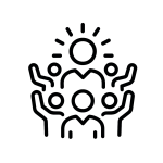 Bold black-line icon of a motivated team with raised arms and a light symbol above, representing teamwork, motivation, and engagement.