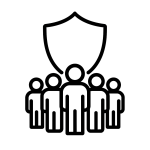 Bold black-line icon of four people standing in front of a shield, representing resilience, teamwork, and protection in QA teams.