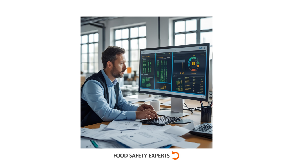 QA professional analyzing traceability data on a computer screen in a modern office, with printed reports on the desk.