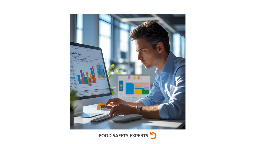 Focused QA professional reviewing colorful traceability charts on a desktop screen in a bright, modern food industry office.