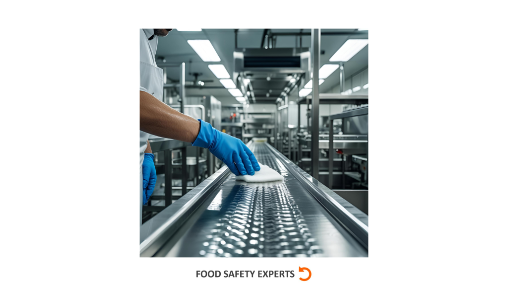 Gloved worker cleaning a stainless steel conveyor belt in a food production facility as part of environmental monitoring procedures.