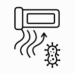 Black and white line icon of ventilation ducts with airflow arrows and bacteria symbol