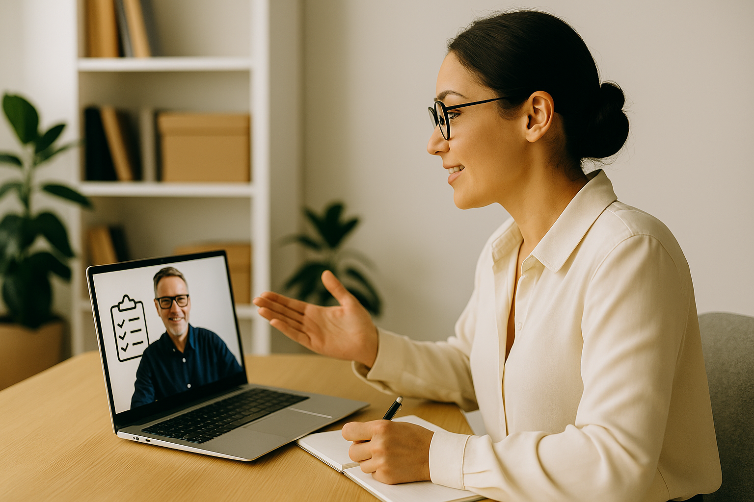 Professional woman in a virtual coaching session with mentor on laptop screen