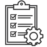 Black-and-white line icon of a checklist with a gear symbol, representing practical steps and implementation in food safety training.