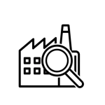 Environmental Monitoring Training | GFSI-Compliant Module Minimal black and white line icon of a factory building with a magnifying glass symbolizing environmental monitoring in food production