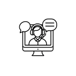 Line icon of an online trainer with headset and speech bubbles, symbolizing interactive IFS Academy training support.