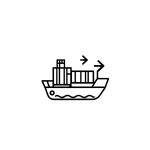 Minimal line-art icon of a cargo ship with containers and arrows, symbolizing trade, import, and distribution for IFS Broker v3.2 training.