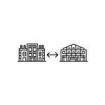 Minimal line-art icon showing a factory and a warehouse connected with a two-way arrow, symbolizing combined training for companies managing both production and trade.