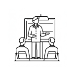 Minimal line-art icon of a presenter standing at a board with two participants seated, symbolizing in-house delivery training for QA teams.