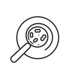 Microbiological Contaminants Training | GFSI-Compliant Module Minimal black and white line icon of a Petri dish with microbes under a magnifying glass symbolizing microbiological contaminants