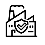 Prerequisite Programs (PRPs) Training | GFSI-Compliant Module Minimal black and white line icon of a factory building with a shield and checkmark symbolizing prerequisite programs in food safety