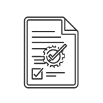 Quality and Food Safety Management Systems Training | GFSI-Compliant Module Black-line on white icon of a document with a gear and checkmark, symbolizing quality and food safety management systems