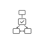 risk-analysis-training Black-line on white icon of a flowchart with boxes and arrows leading to a checkmark, symbolizing structured risk analysis.