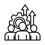 Scalable QA e-learning icon with team, gear, and arrows symbolizing growth and expansion