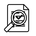 Validation and Verification Training | GFSI-Compliant Module Minimal black and white line icon of a document with a magnifying glass and checkmark symbolizing validation and verification processes